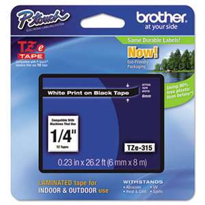 Brother P-Touch TZE315 TZe Standard Adhesive Laminated Labeling Tape, 1/4w, White on Black