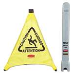 RUBBERMAID COMMERCIAL PROD. Multilingual "Caution" Pop-Up Safety Cone, 3-Sided, Fabric, 21 x 21 x 20, Yellow